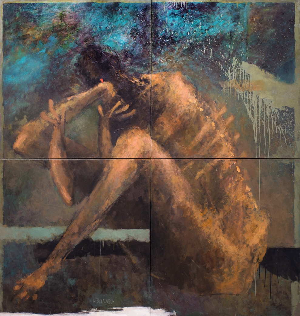 Eliyar Alimirzoyev. A MAN EXTRACTING THE SPLINTER. 1990. Canvas, oil paint. 199 x 191 cm